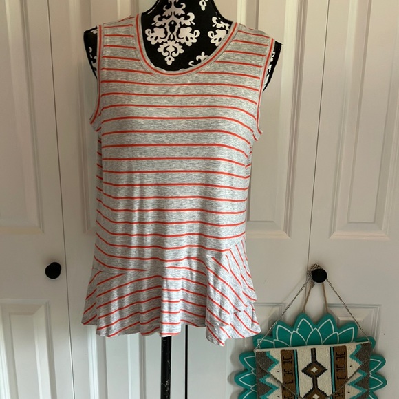 Cabi gray with orange sleeveless tank with rounded neck and peplum bottom. - Picture 3 of 12